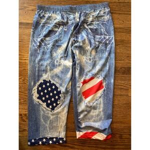 Rosegal Patriotic Denim Print Leggings Stars Stripes Americana Capri Pants Large